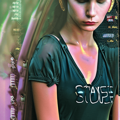 AI generated: A homeless girl on the magazine cover, post-future, phone screens, lost feeling, beautiful, sexy, hu...