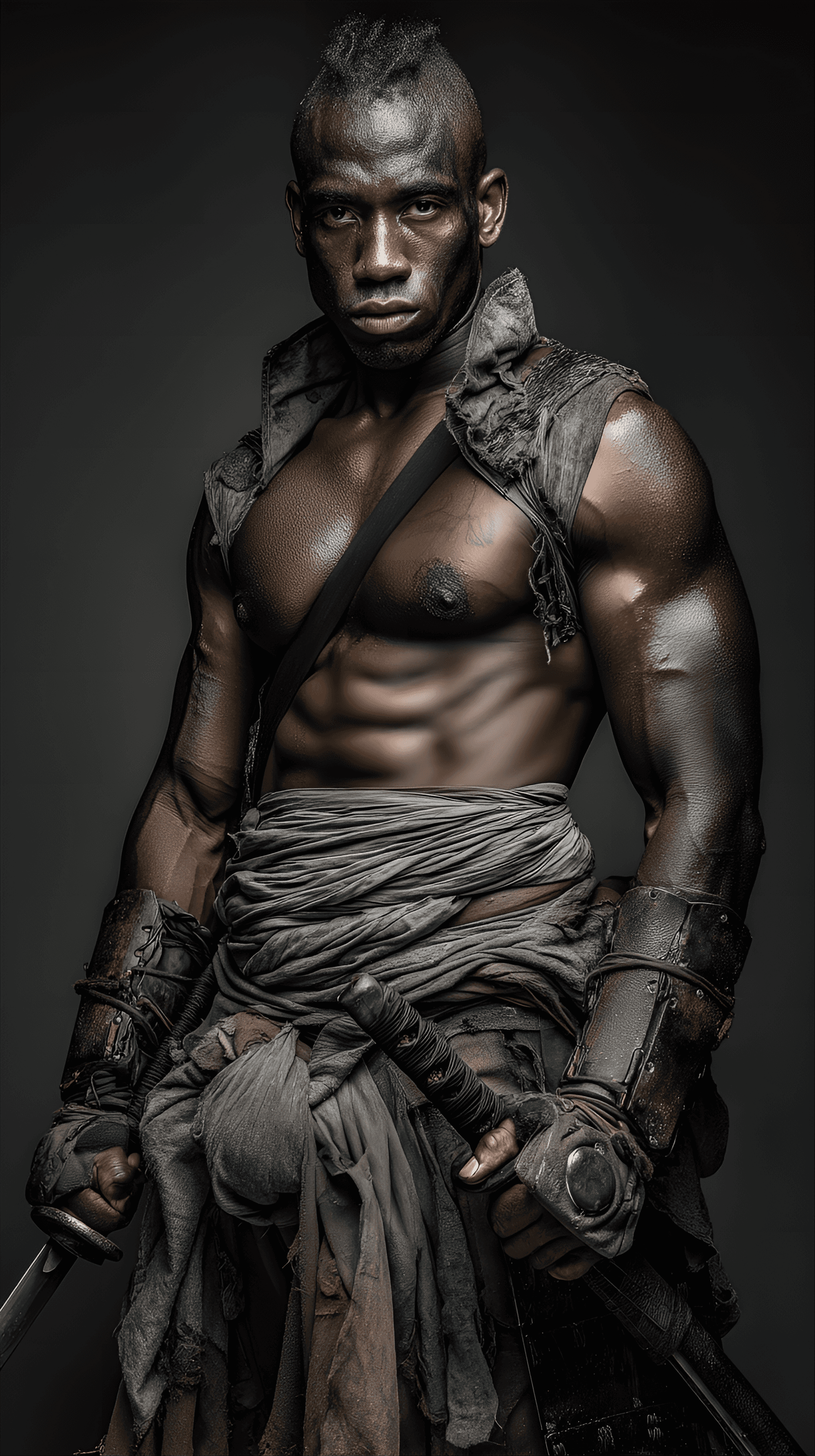 AI generated: Dark-skinned male warrior, mid-20s, with a short, stylized haircut, in a  grimy, worn, weathered sam...