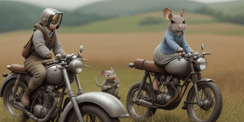 AI generated: cinematic film still award winning photo, style beatrix potter, two cute grey mice, rust, epic, wear...