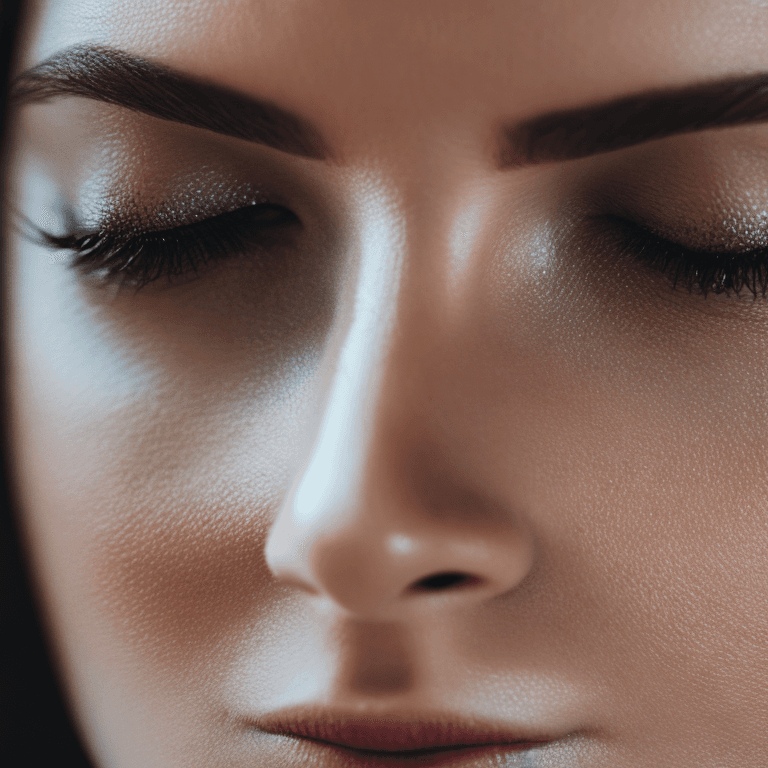 AI generated: cinematic medium closeup of a slim european woman, (hyper detailed skin), closed eyes