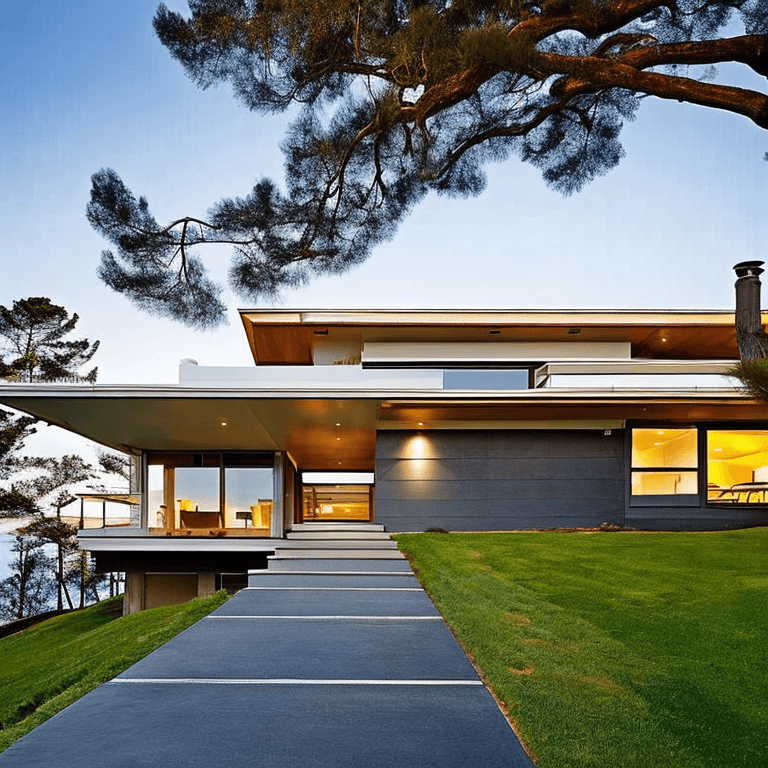 AI generated: Hyper realistic eye level exterior photo of a mid century modern style house overlooking the ocean, ...