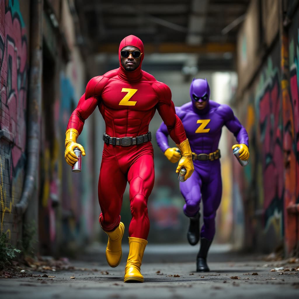 AI generated: Hyper realistic A BLACKMAN IN A RED SPANDEX SUIT with a zoz logo on his chest , WITH YELLOW GLOVES A...