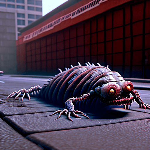 AI generated: scary and disturbing creature crawling on a parking wall, body horror, mutations, in the style of th...