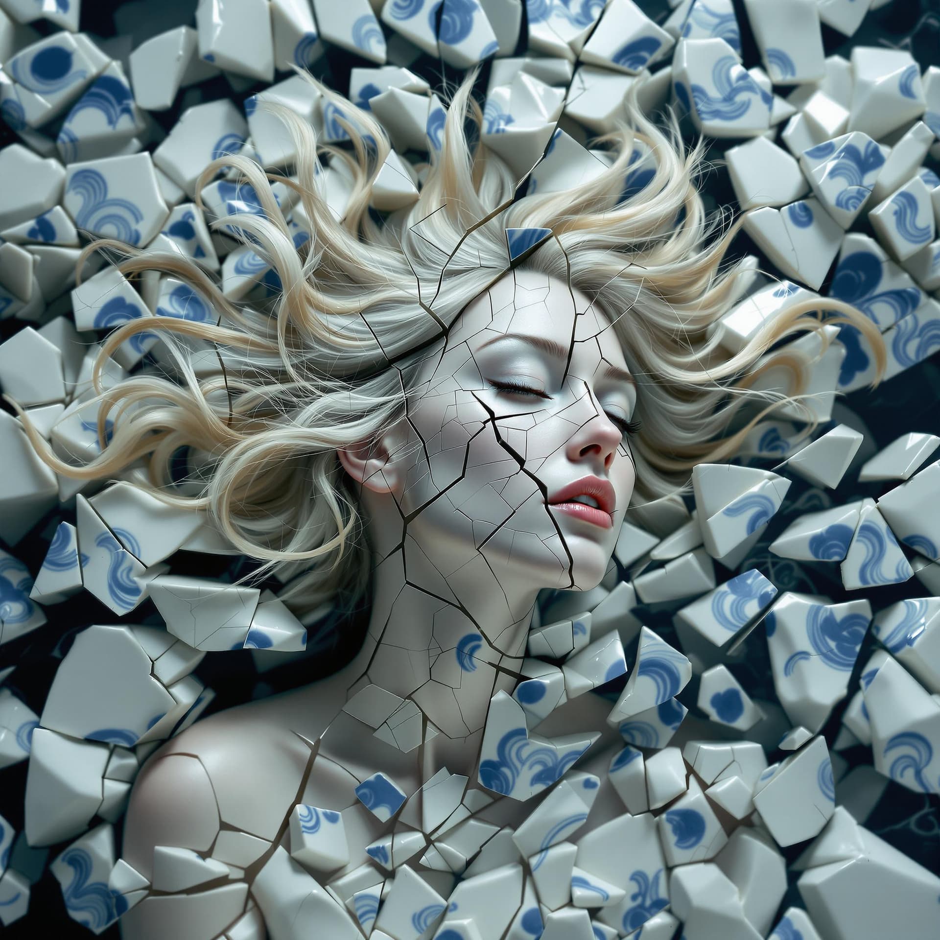 AI generated: A middle-aged woman of Irish descent, her blonde hair streaked with silver, appears fractured and sp...