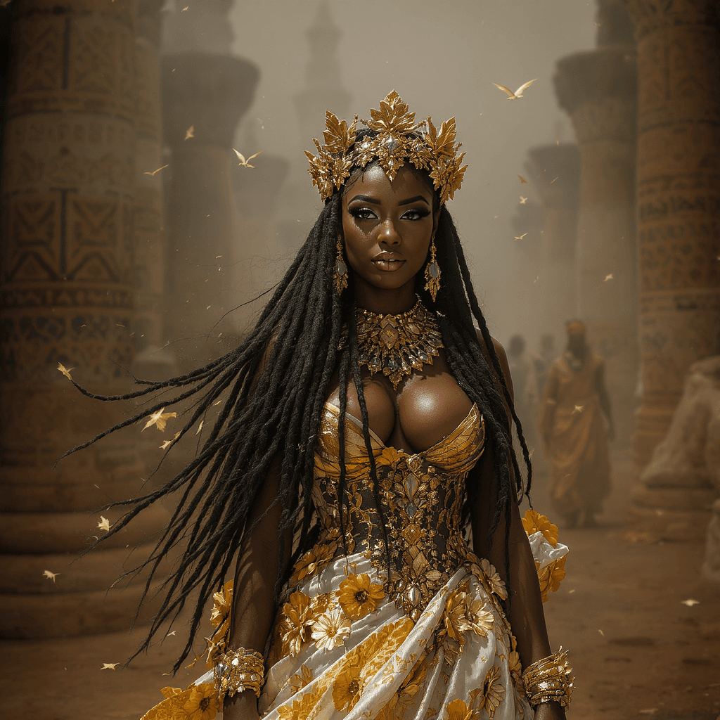 AI generated: Bustling Ancient Egypt city. A bride with long flowing dreadlock hair. She is wearing a gold dress m...