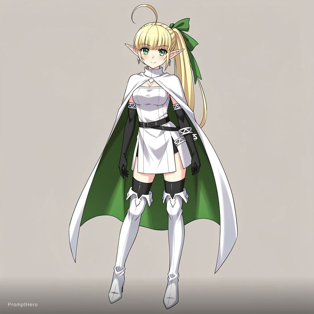 AI generated: ahoge, low ponytail, parted bangs, very long hair, blonde hair, green eyes, hair ribbon, green ribbo...