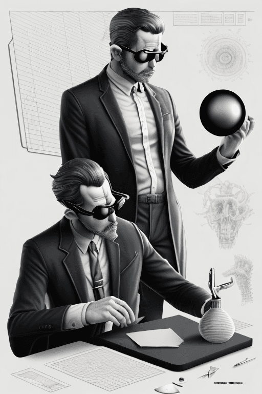 AI generated: A shockingly detailed monochromatic vector illustration of "Mr. Wolfe" examining a strange and other...