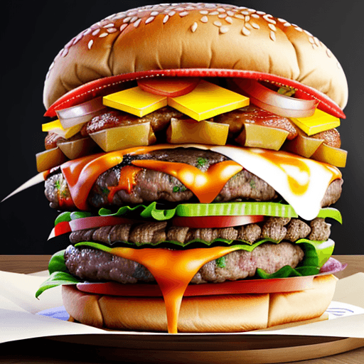AI generated: Hyper realistic Menu Picture for a casuak restaurant of a very tall double-decker Juicy Burger with ...