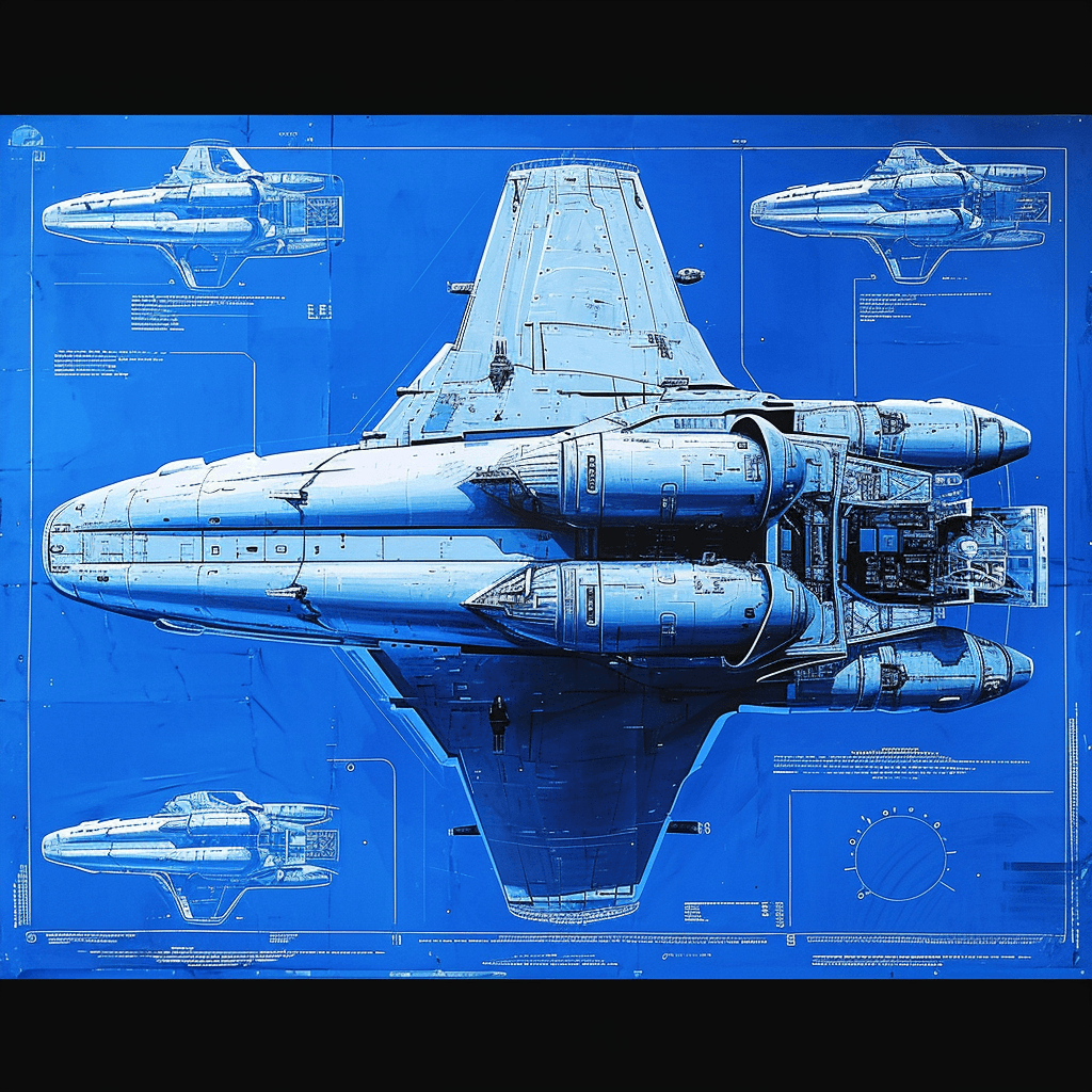 AI generated: sketches, blueprint of futuristic, sci fi, hyperdrive engines, repair, matter and anti matter holdin...