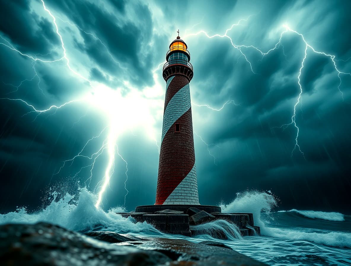AI generated: A photorealistic low angle looking up view at a lighthouse during an incredible thunderstorm. The sk...