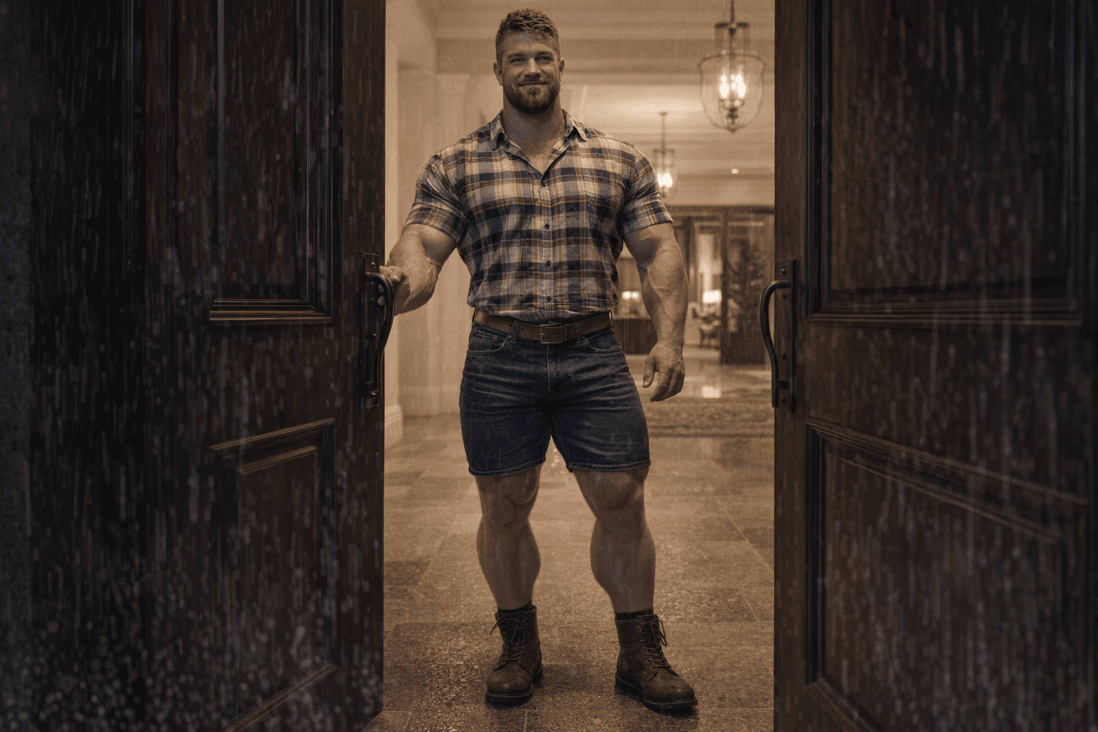 AI generated: At night. 
The bodybuilder is standing inside of a beautiful and elegant house at the main door, he ...