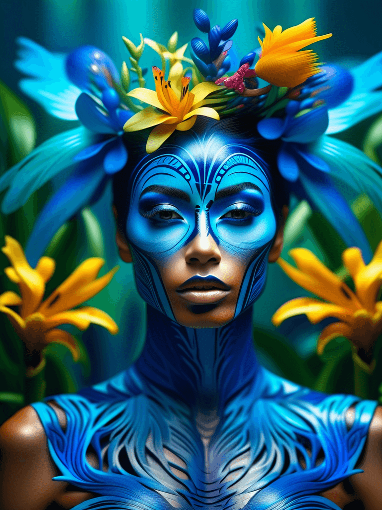 AI generated: fashion photography portrait of blue human avatar, in blue lush jungle with flowers and birds, 3d re...