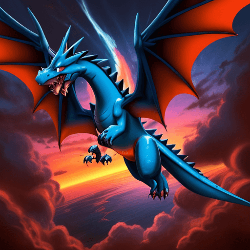 AI generated: A powerful Mega Charizard soaring through the sky, its massive wings spread wide as it unleashes a f...