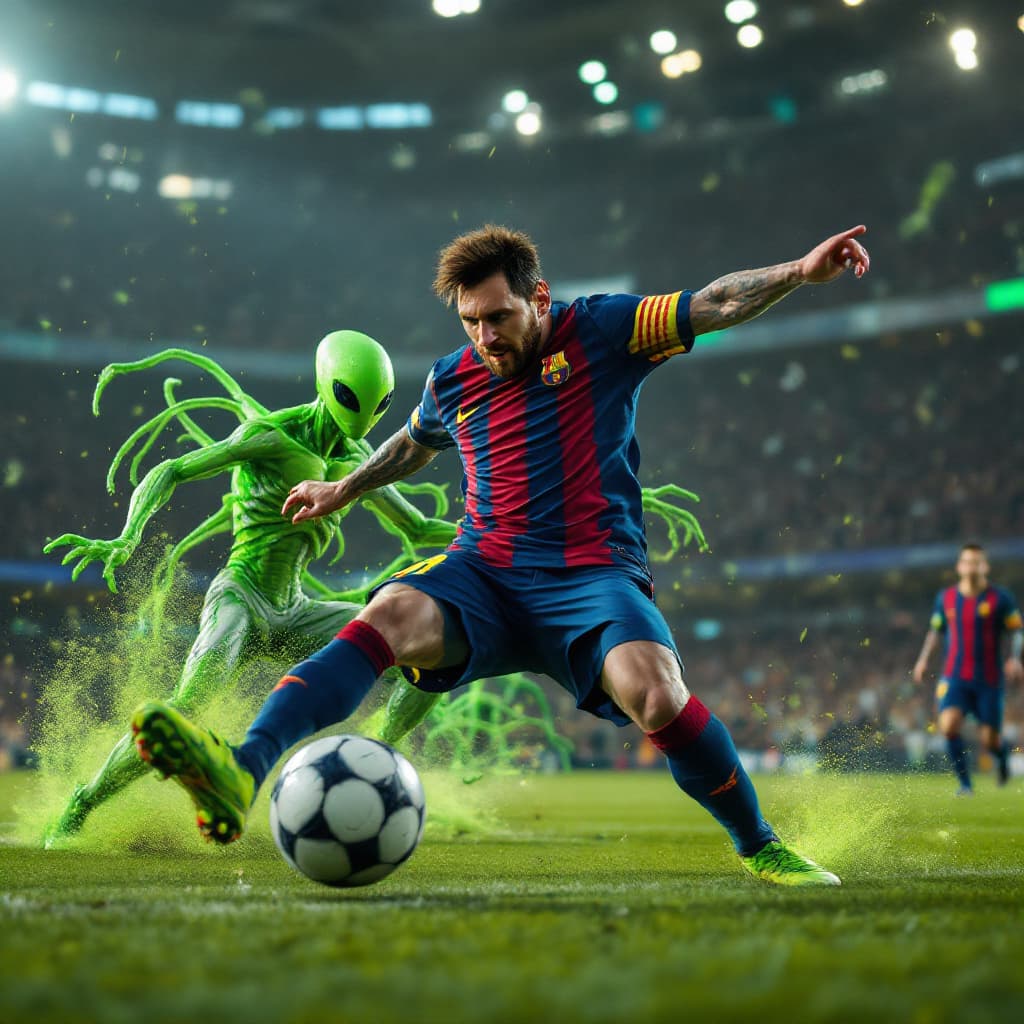 AI generated: Lionel Messi playing football and scoring a goal against a green martian with a classic green alien ...