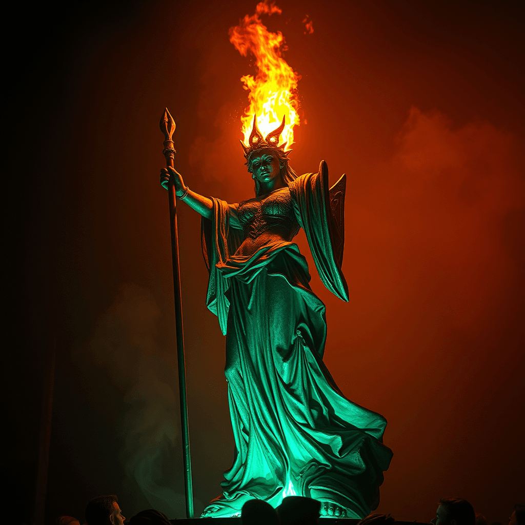 AI generated: burning statue sculpture designed by daniel popper, bonfire ritual on the summer solstice, purificat...