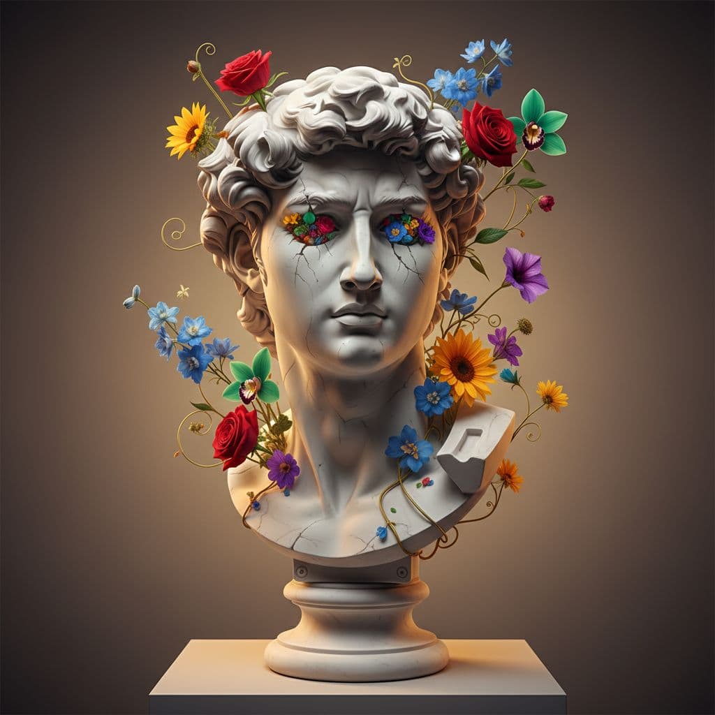 AI generated: A classical marble bust sculpture, hyper-realistic, with vibrant colorful flowers blooming from crac...