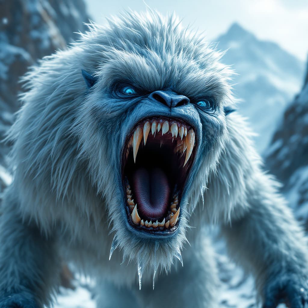 AI generated: wide open mouth of a yeti attacking the viewer/jaws open wide to bite/yeti is an eldritch ancient cr...