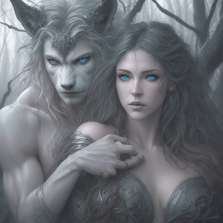 AI generated: A stunningly intricate close up portrait of a couple with a white werewolf with blue eyes in the for...