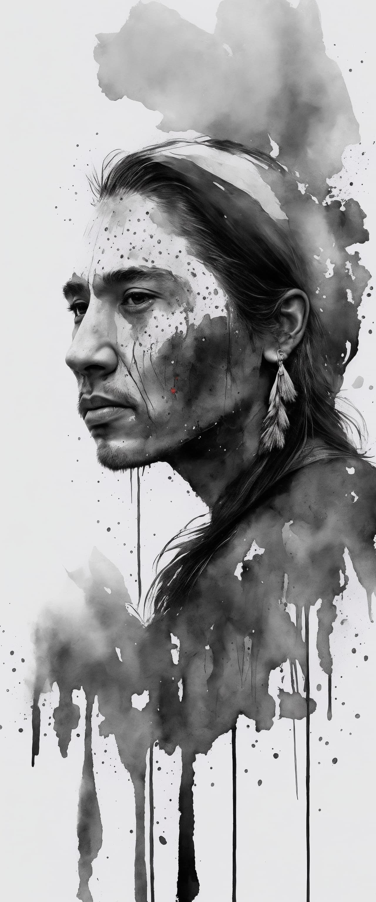 AI generated: close up face of male native american, amazonia, double exposure, muted colors, wet on wet technique...