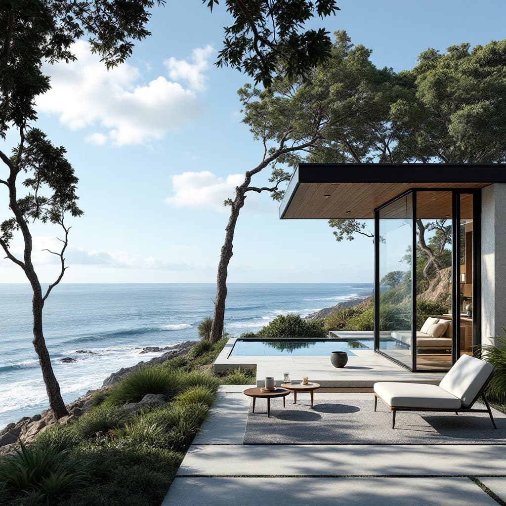 AI generated: Hyper realistic eye level exterior photo of a mid century modern style house overlooking the ocean, ...