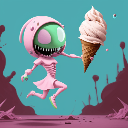 AI generated: Alien taking ice-cream and running away while slaying