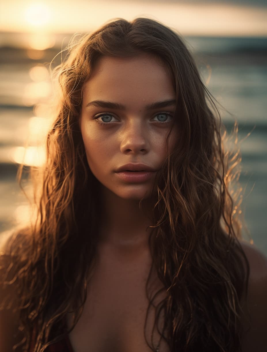 AI generated: professional full length shot of a kristine froseth wearing only a two-piece swimsuit (beach), (dune...