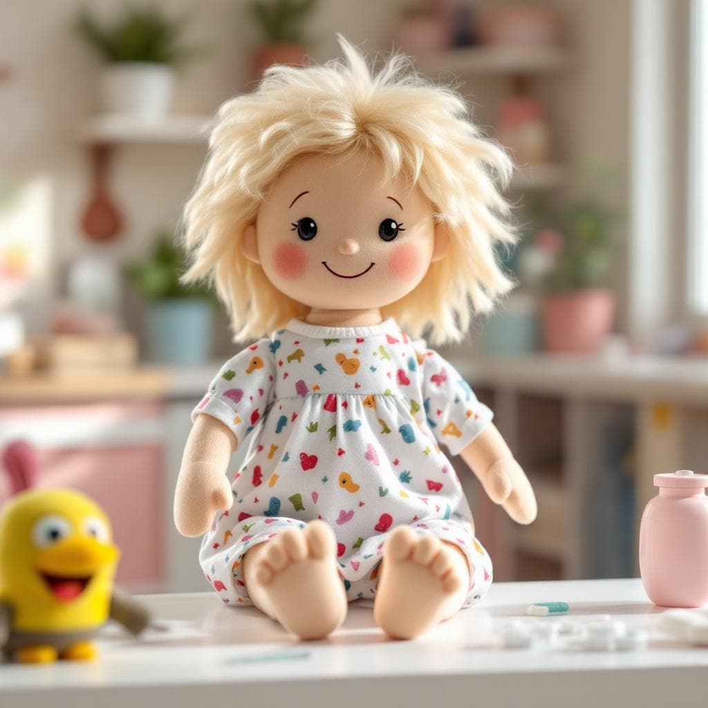 AI generated: A 50 cm tall educational rag doll designed for children to learn about blood tests. The doll has a s...