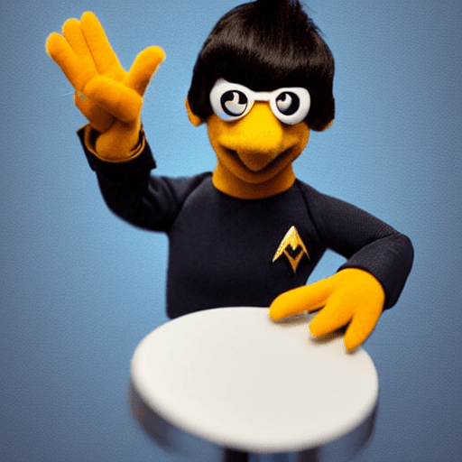 AI generated: muppet that looks like nightwing  from star trek, felt fabric skin, shiny black hair, mr. spock mupp...