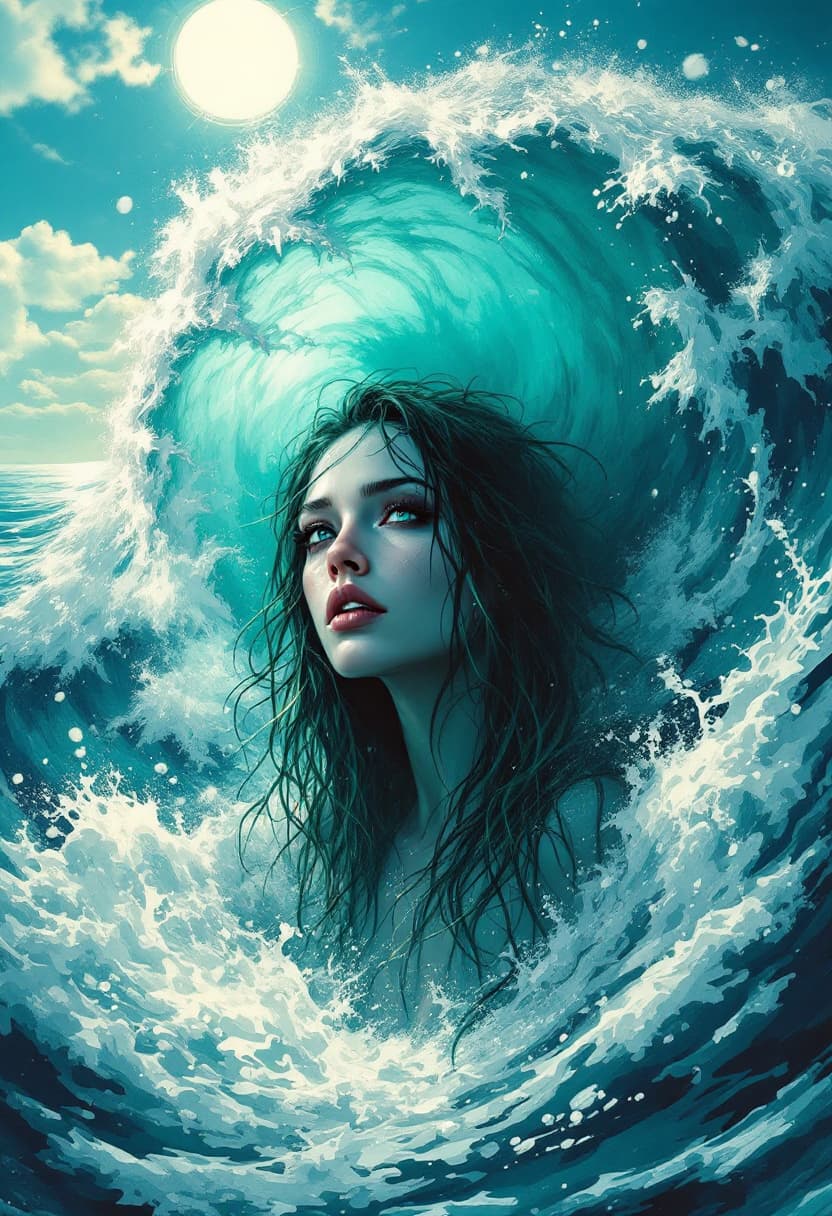 AI generated: A tall mysterious woman with seafoam-colored skin, deep dark blue eyes and a captivating gaze, long ...