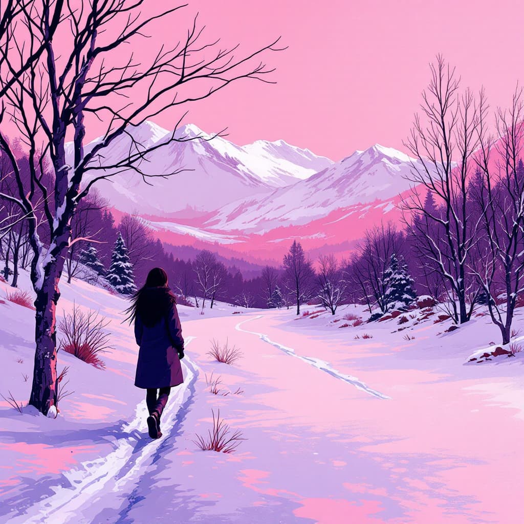 AI generated: Flat illustration, line art, Types of Minimalists, a female artist painting, Tsutomu Nihei, purple l...
