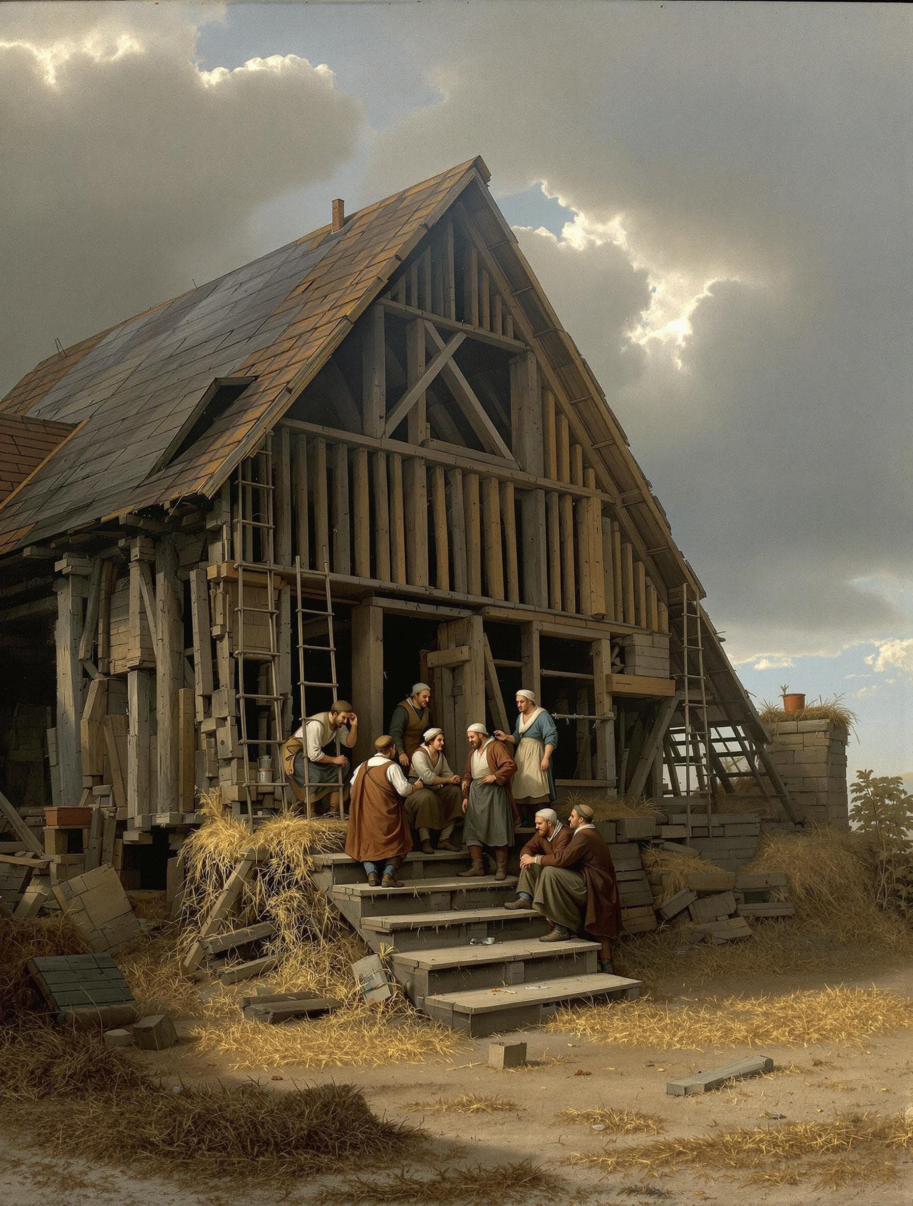 AI generated: A rustic 1500s Dutch countryside scene, painted in the meticulous, earthy realism of Jan van Eyck an...