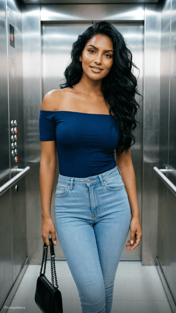 AI generated: A beautiful young woman standing inside a modern stainless steel elevator, full body visible, wearin...