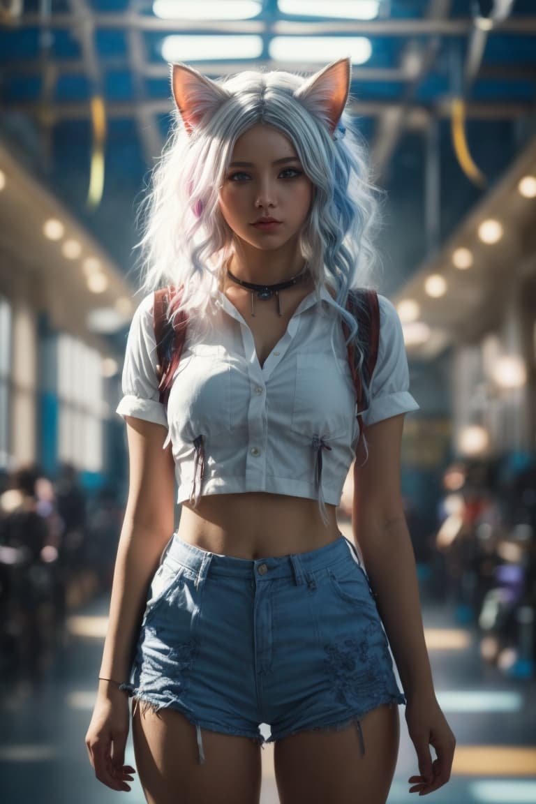 AI generated: Solo, anime ,cat ears, full body, adult body, large chest, Hyperdetailed school background, School,s...
