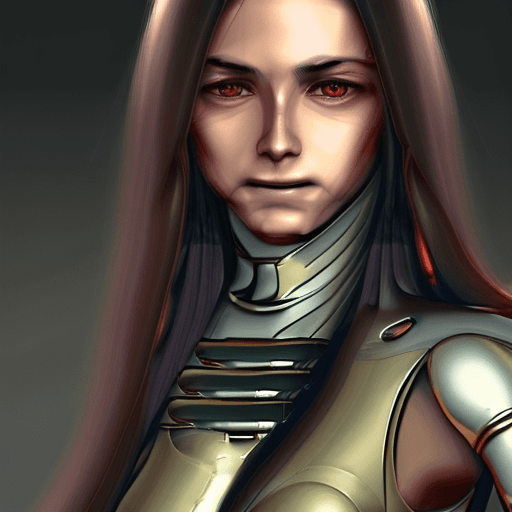 AI generated: a professional painting of a beautiful young female, partially clothed in battle armor, olive skin, ...