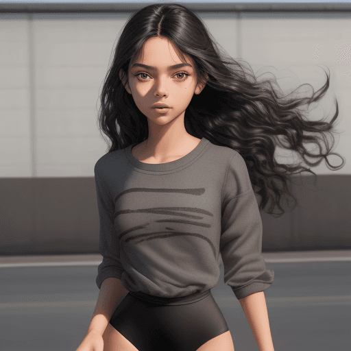 AI generated: a girl barely 16 years old, short, brown eyes and long wavy jet black hair, full lips, small waist, ...
