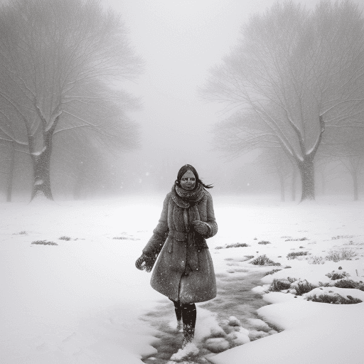 AI generated: sdgtl, Art Style, deep snowy landscapes, snowfall, A woman wrapped in warm fur winter clothes is wad...