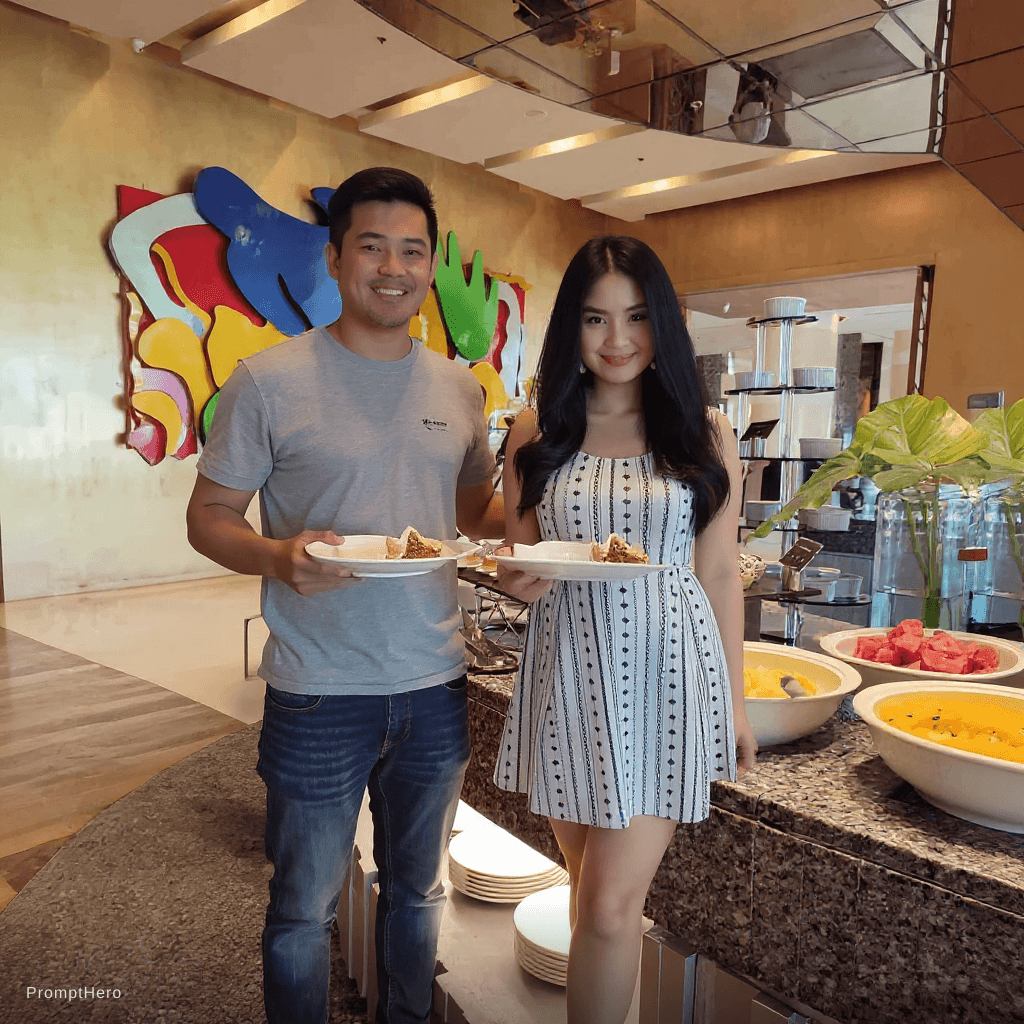 AI generated: Put the guy from the second picture to stand alongside the lady on the second picture. Keep the same...