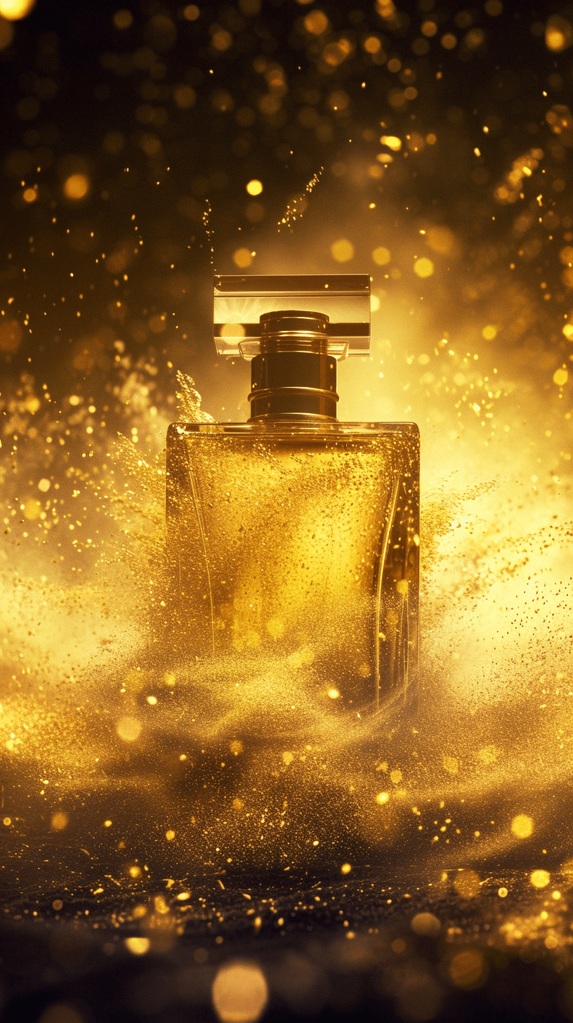 AI generated: Commercial photography, powerful explosion of golden dust,luxury parfum bottle,yellow sunray, studio...