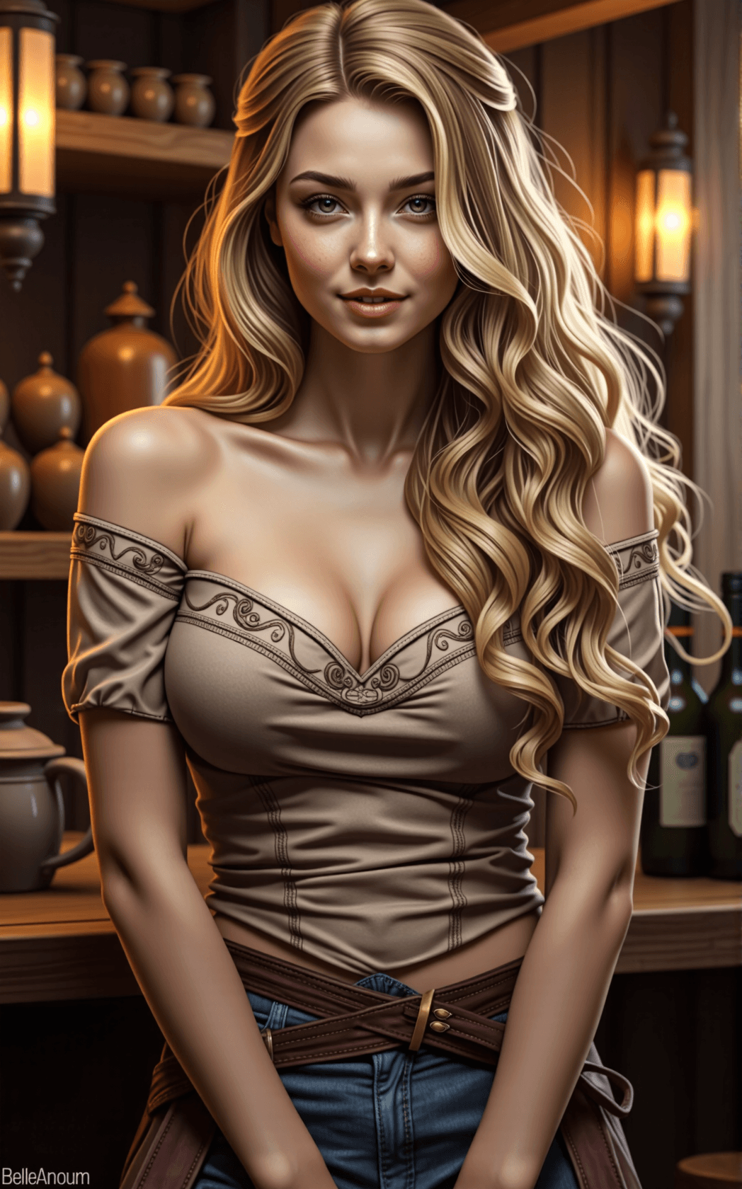 AI generated: A hyper-detailed fantasy RPG portrait of a young medieval tavern bartender, a human woman with golde...