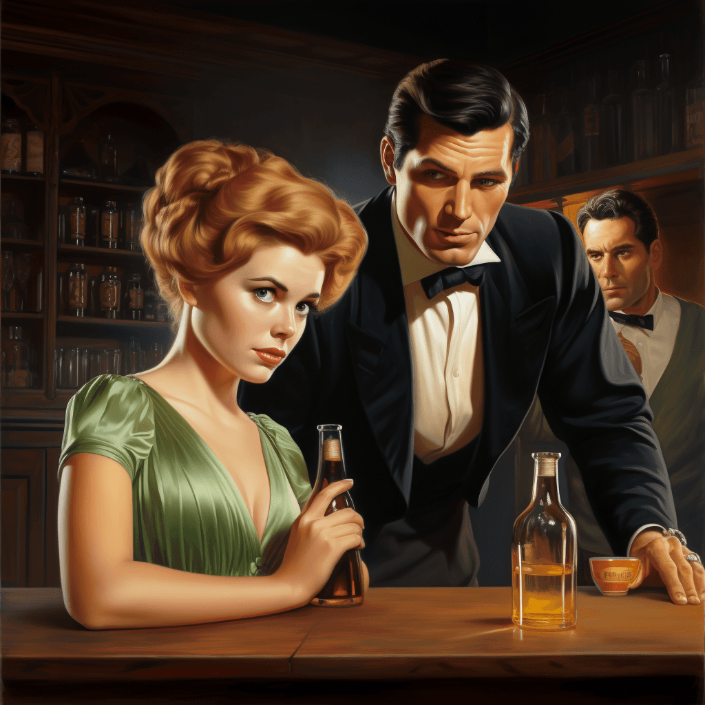 AI generated: the bartenders squeeze, 1955, pulp, golden ratio, by Edmund Blair Leighton, Brom, Charlie Bowater, f...