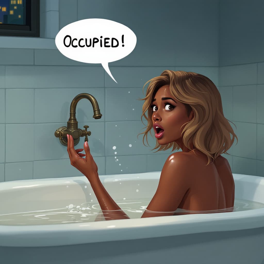 AI generated: A detailed digital illustration in the style of Dimitry Roulland, featuring a woman in a bathtub, fa...