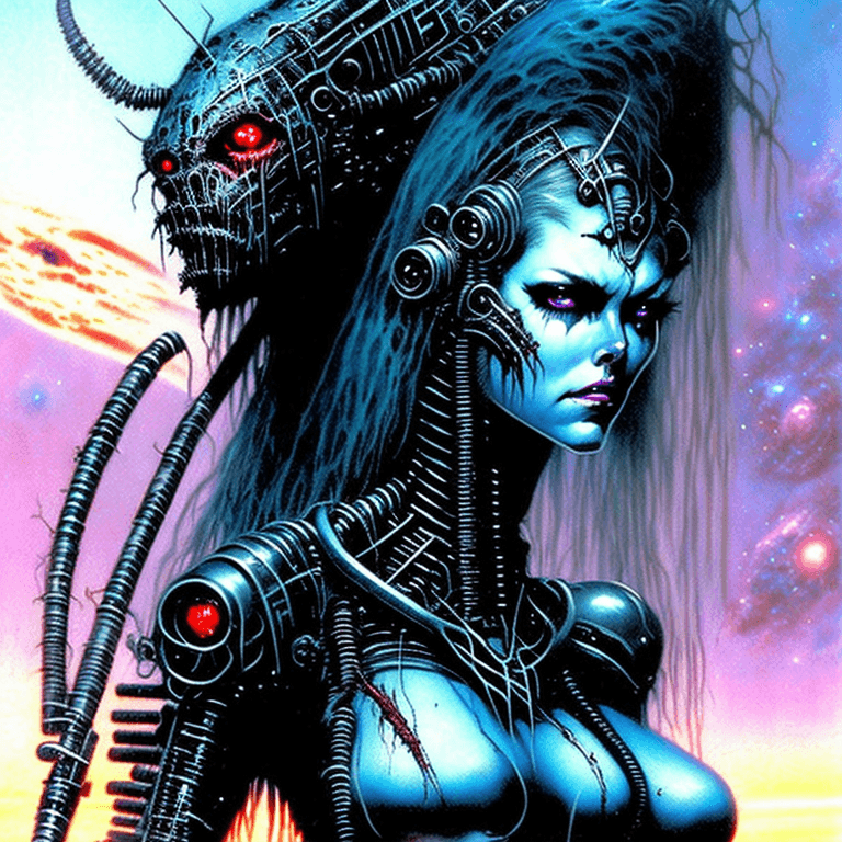 AI generated: a perfect Beautiful rugged female post apocalyptic retrowave synthwave cyborg, space age, creepy eer...