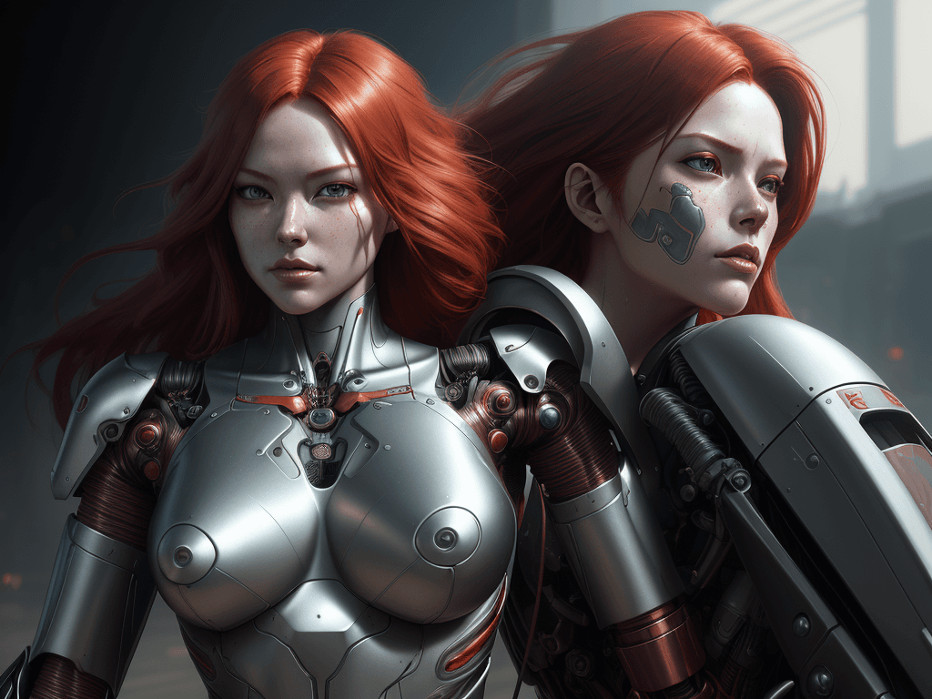 AI generated: Robot Female Model metal body with long red hair RIDING a realistic rendering of a Honda motorcycle ...