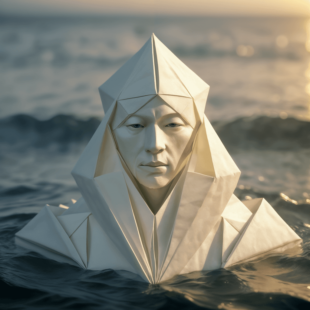 AI generated: breathtaking origami close up portrait of a mature paper made man made of paper , swimming in the co...