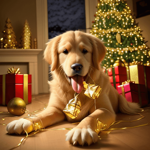 AI generated: Naughty Golden retriever, tangled up in large Christmas lights, Christmas tree in background, sharp ...