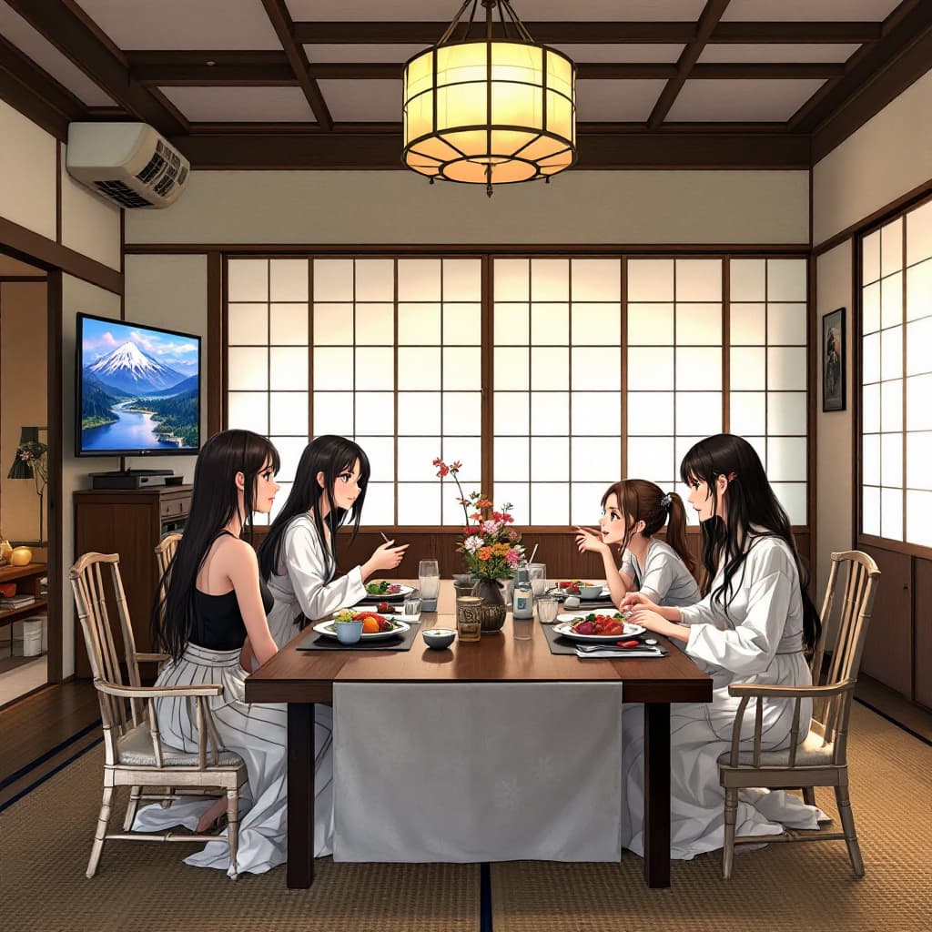 AI generated: a  japanese house, four beautiful girls sitting at the dinner table, realistic faces, realistic hand...