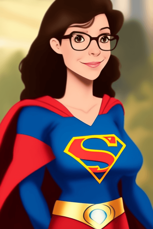 AI generated: A CUTE BRUNETTE SUPERGIRL WITH GLASSES STANDING TALL AND PROUD