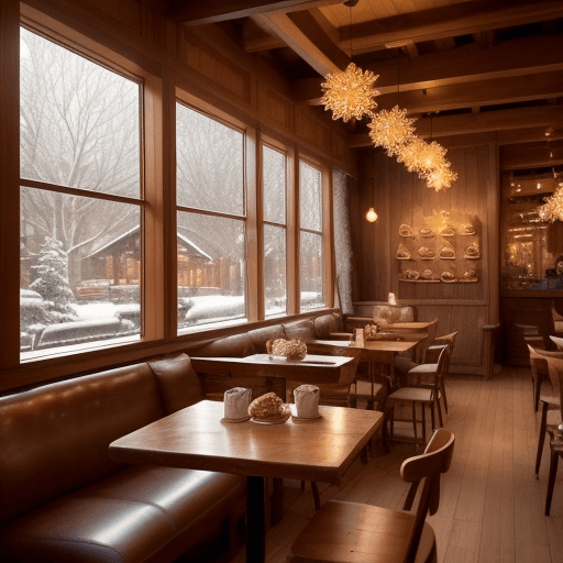 AI generated: A cozy coffee shop interior, showcasing a warm wooden design with elegant furnishings. Tables set wi...