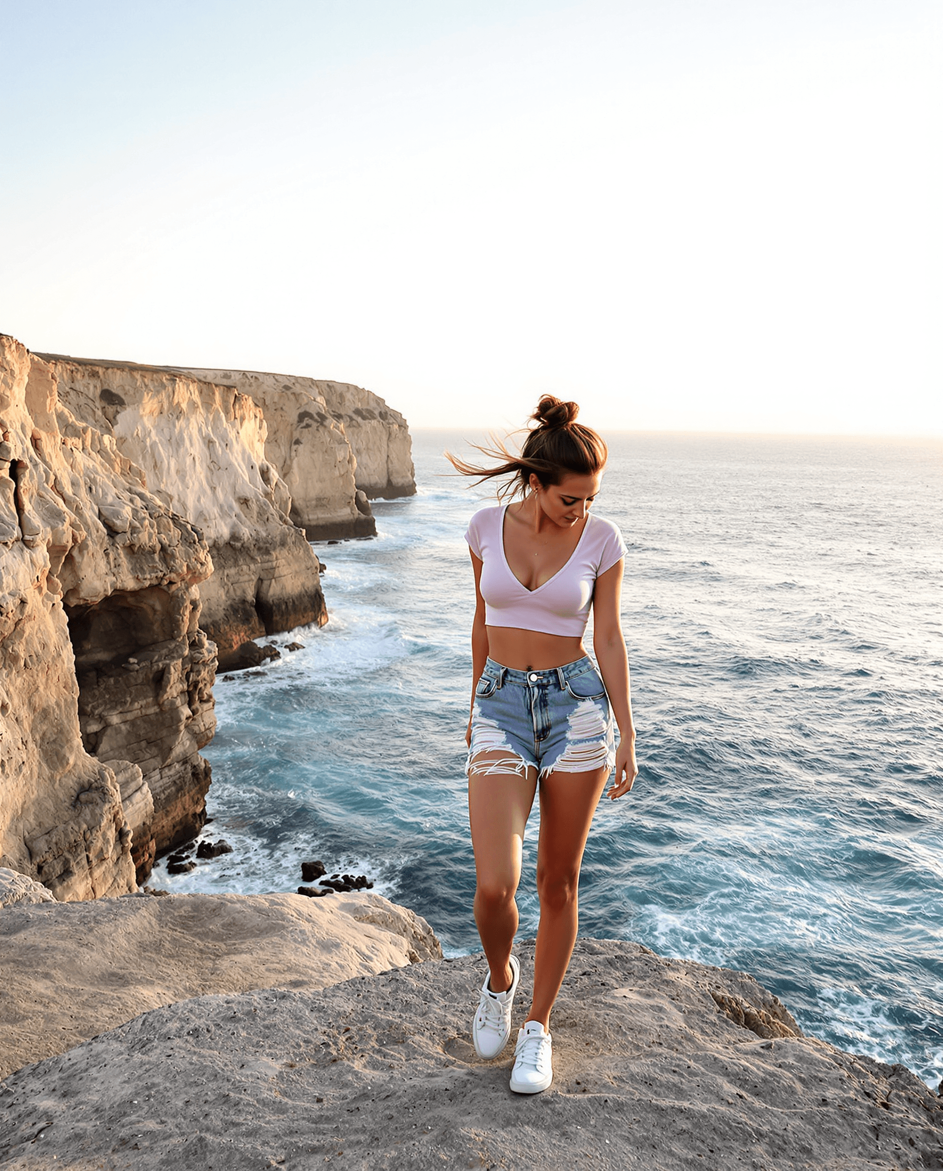 AI generated: keeley hazell with an ample bust, full bust, thick thighs, and long legs, standing on a rugged coast...