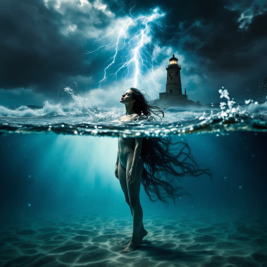 AI generated: A cinematic split-frame composition where the lens is half-submerged underwater. Below the surface, ...